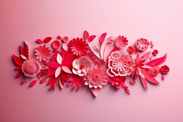 3d paper art red floral illustration on pink background 