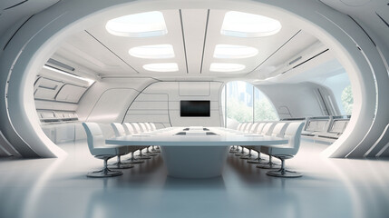 modern conference room with white futuristic style. office workspace for team meeting
