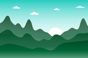 Cartoon vector illustration meadow and mountain sunset,Blue sky with clouds with hills and paddy field in nature landscape