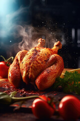 A turkey on a grill with peppers on the grill