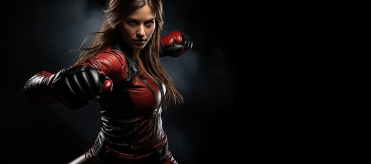 Kickboxing woman in activewear and red kickboxing gloves on black background performing a martial arts kick. Sport exercise, fitness workout. Generated with AI - obrazy, fototapety, plakaty
