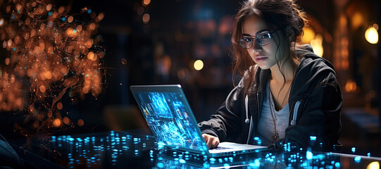 Laptop, code hologram and woman thinking of data analytics, information technology,Generated with AI