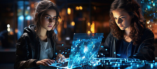 Laptop, code hologram and woman thinking of data analytics, information technology,Generated with AI
