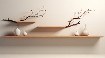 shelf with branch on cream wall 3d rendering