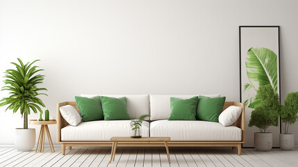 home interior design with green sofa wooden table and standing mirror - obrazy, fototapety, plakaty