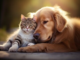 Animal friendship, golden retriever dog and cat touching heads - obrazy, fototapety, plakaty