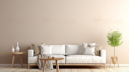 interior wall mockup with white Scandinavian style sofa with coffee table