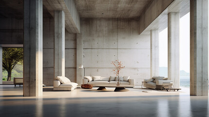 minimalistic concrete interior with columns design concept of minimal futuristic interior style. 3d rendering