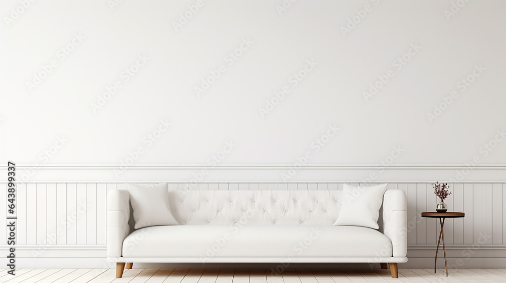 Wall mural white tufted sofa couch mid century modern living room with white wall - Wall murals