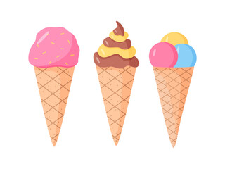 Cartoon set of drawings of ice cream in waffle cups cone. Vector doodle illustration of a summer dessert color.