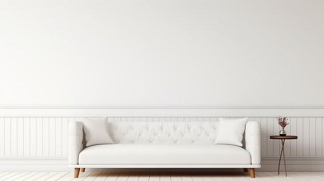 white tufted sofa couch mid century modern living room with white wall
