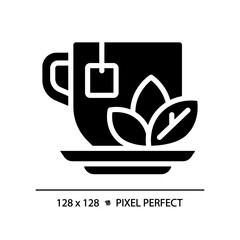 2D pixel perfect silhouette glyph style herbal tea icon, isolated vector, illustration, solid pictogram.