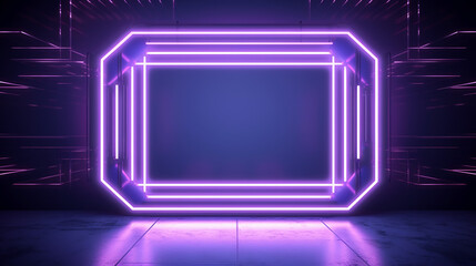 geometric background with columns and glowing neon light. blank rectangular frame 3d render
