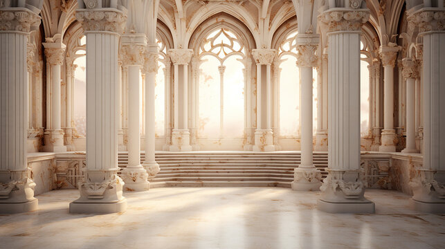 3d columns wallpaper. interior old palace with sunlight