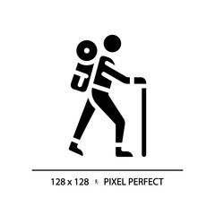 Obraz premium 2D pixel perfect silhouette glyph style hiking icon, isolated vector, illustration, solid pictogram.