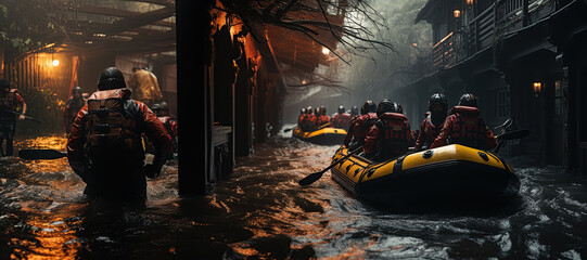Rubber boat rescue team assisting people stranded on the roof of a flooded building amidst a severe storm and heavy rain