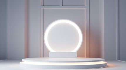 abstract rendering 3d shape for product display with white neon circle