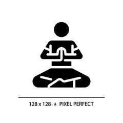 2D pixel perfect silhouette glyph style prayer pose icon, isolated vector, meditation illustration, solid pictogram.