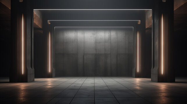ads campaign marketing concept with abstract lighting dark hall with grey neon pillars on blank concrete floor