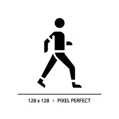Fototapeta na wymiar 2D pixel perfect silhouette glyph style walking icon, isolated vector, illustration, solid pictogram.