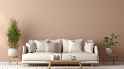 cozy living room design bright wall mockup 3d render