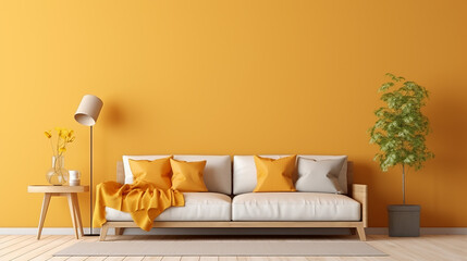 cozy living room design bright yellow wall mockup 3d render