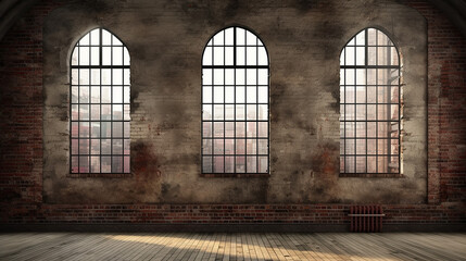 Fototapeta na wymiar old brick wall on empty loft industrial grunge interior with wooden floor