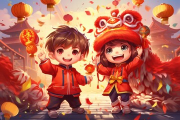 Obraz na płótnie Canvas Children Celebrate the Year of Dragon, Lunar New Year Festival, Kids Playing Lion or Dragon Dance.
