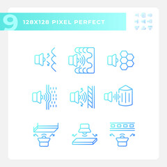 2D pixel perfect gradient icons set representing soundproofing, blue thin line illustration.
