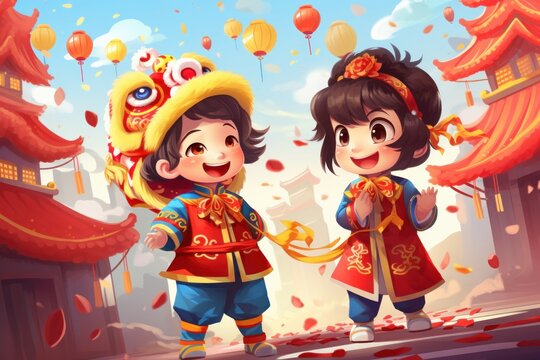 Children Celebrate the Year of Dragon, Lunar New Year Festival, Kids Playing Lion or Dragon Dance.