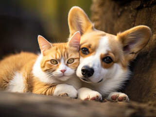 Animal friendship, corgi dog and cat touching heads - obrazy, fototapety, plakaty