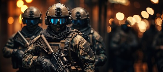 Special forces soldier police, swat team member. in action , Poster concept for police,Generated with AI security or military, - obrazy, fototapety, plakaty