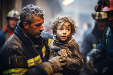 Fototapeta premium Rescuers help people who are in trouble. Lifeguards are brave. Rescue unit, emergency responders. Saving lives and health of people in crisis situations. Crash and emergency work. first aid.