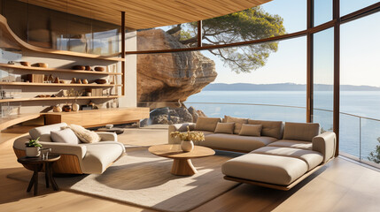 Fototapeta premium Living room interior background with beautiful nature ; sea, beach, ocean view with warm lighting. Living room interior design for home, resort, hotel lifestyle concept