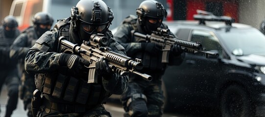 Fototapeta premium Special forces soldier police, swat team member. in action , Poster concept for police,Generated with AI security or military,