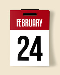 24 February Calendar Date, Realistic calendar sheet hanging on wall