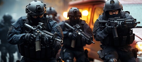 Special forces soldier police, swat team member. in action , Poster concept for police,Generated with AI security or military,