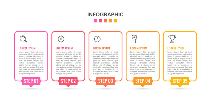 5-step thin line frame infographic design templates. Business workflow project. Vector illustration.