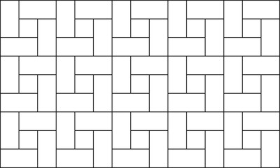 Pinwheel tile background. Kitchen backsplash, toilet or bathroom floor mosaic texture. Stone or ceramic brick wall seamless pattern. Causeway surface. Vector outline illustration