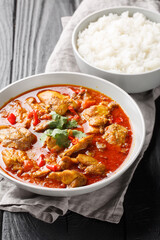 Burmese Curry juicy, tender chicken is bathed in a spicy sauce served with rice closeup on the wooden table. Vertical