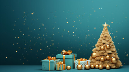xmas modern design with 3d realistic golden turquoise gift box