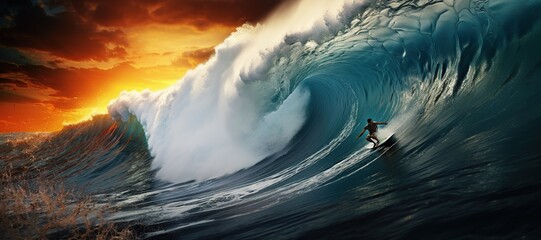 A surfer riding a massive wave in Hawaii, showcasing the thrilling and adventurous spirit of the sport.Generated with AI - obrazy, fototapety, plakaty