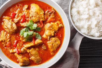 Spicy Burmese chicken curry in a sauce consisting of onion, ginger, lemongrass, pepper, garlic and tomato close-up in a bowl on the table. Horizontal top view from above