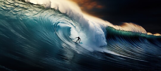 A surfer riding a massive wave in Hawaii, showcasing the thrilling and adventurous spirit of the sport.Generated with AI - obrazy, fototapety, plakaty