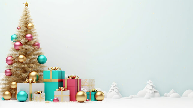 luxury xmas modern design with 3d realistic golden turquoise gift box on white background