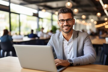Fototapeta premium Handsome Latin Businessman Working with Computer, Male Manager Works in Modern Office, Analysis Data Statistics and Business Planning.