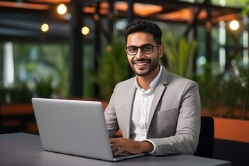 Obraz premium Handsome Latin Businessman Working with Computer, Male Manager Works in Modern Office, Analysis Data Statistics and Business Planning.