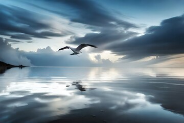 seagull flying in cloudy afternoon sky