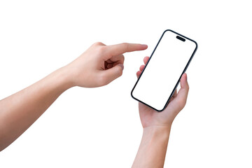 Hand using smartphone with blank screen isolated on white background.