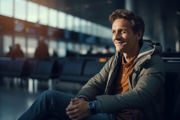 Happy Tourist Smiling at Airport Terminal, Joyful Man Waits for Flight in a Boarding Lounge of Airline Hub.